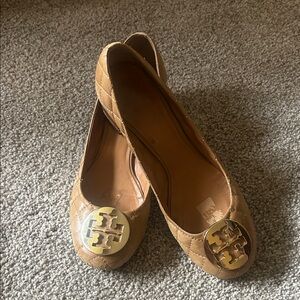 Tory Burch Gold Logo Tan Flats